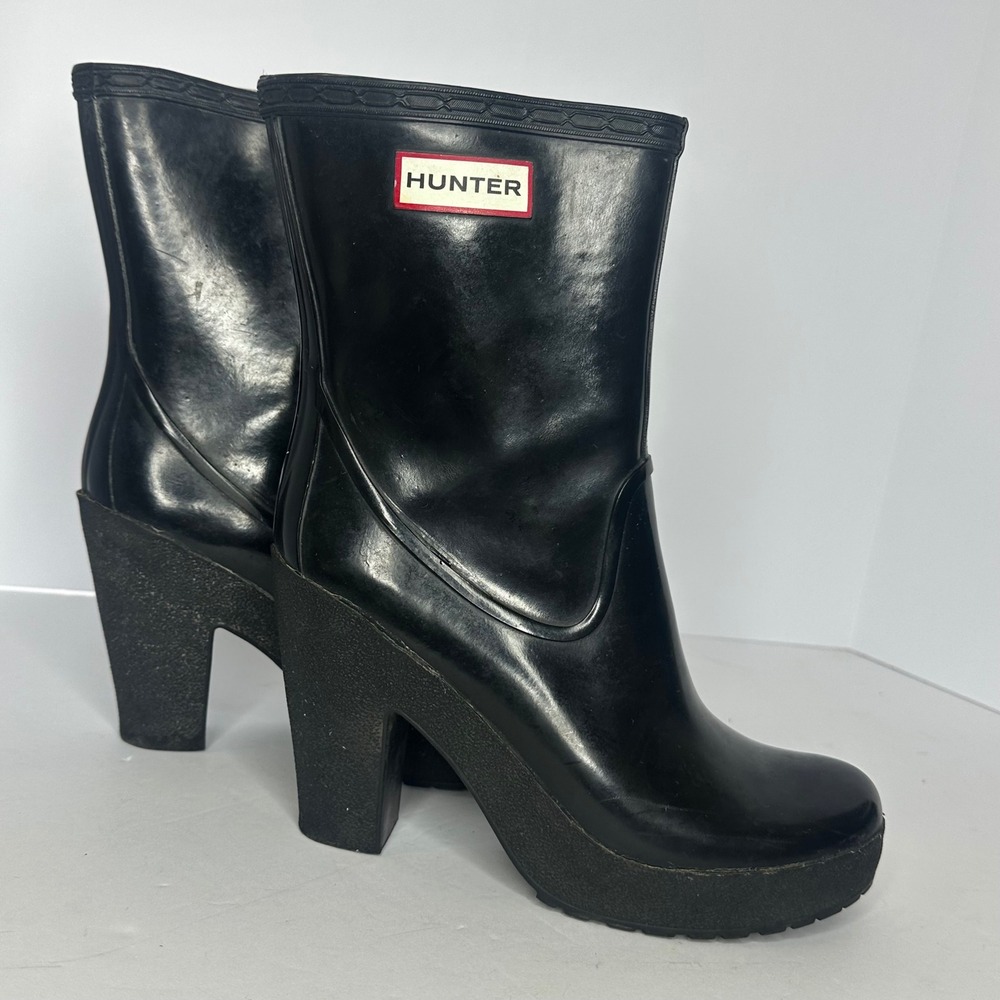 Hunter Original High Heel Ankle Boots Black Rubber Platform US 7 EU 38 UK 5